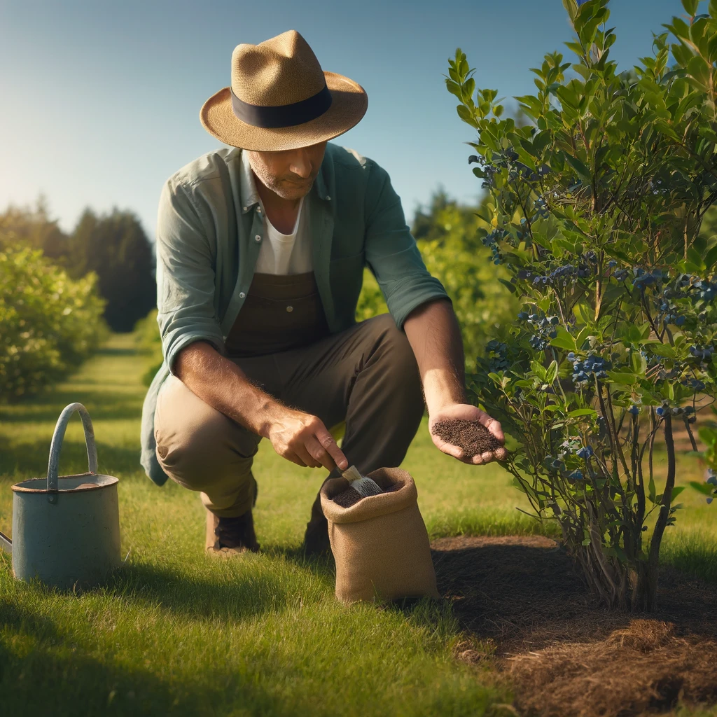 applying organic fertilizer to blueberry bushes